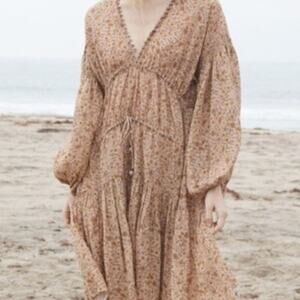 Doen Grasse Tan Floral Long Sleeve Peasant Mini Dress Size Small